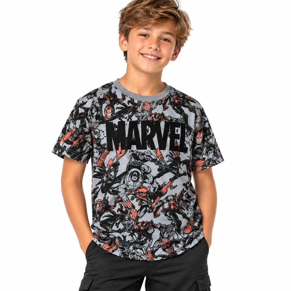 EUC Marvel Boys Size Medium Red Blue Comic Action Graphic Short Sleeve T-Shirt